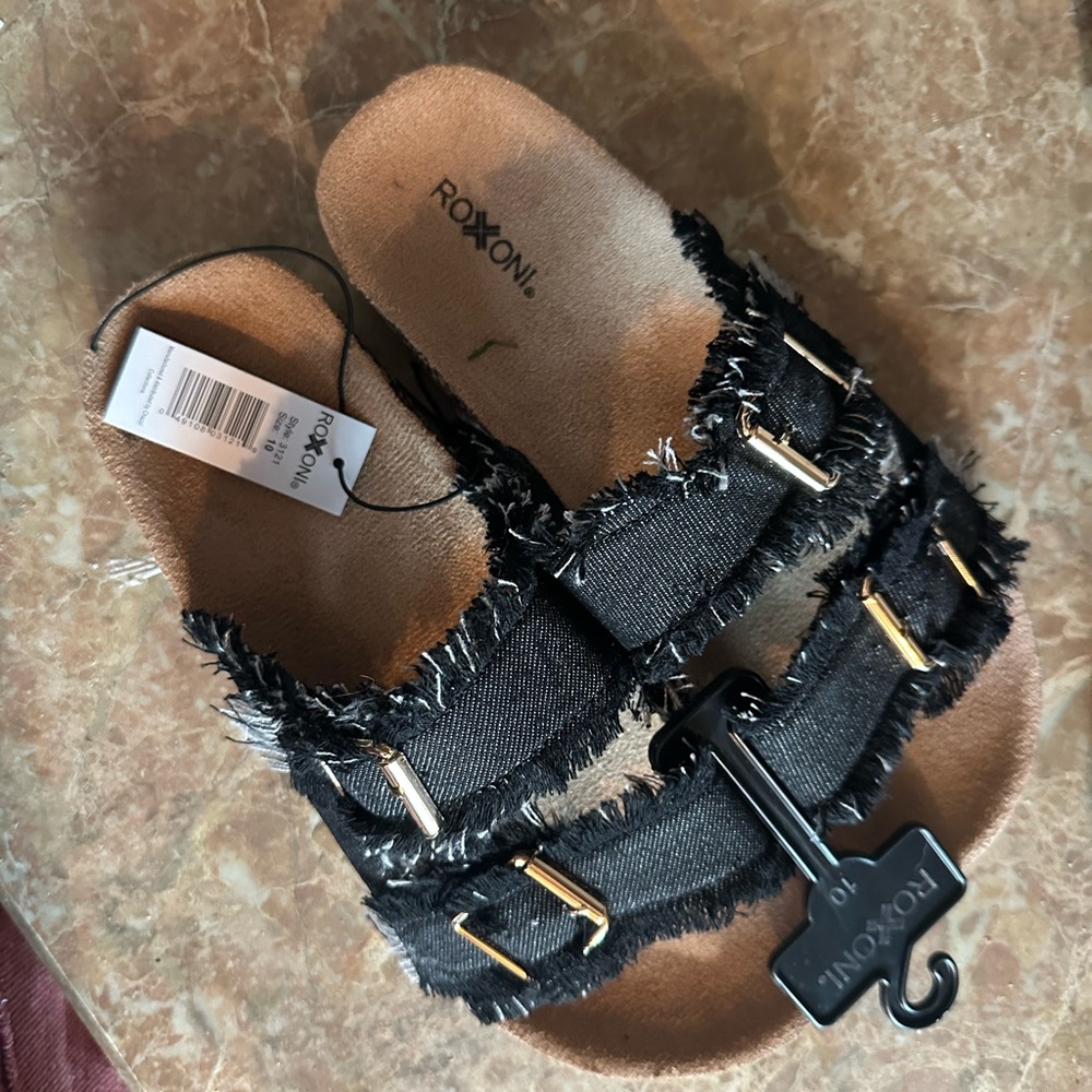 Roxoni Black Frayed Sandals with Gold Buckles